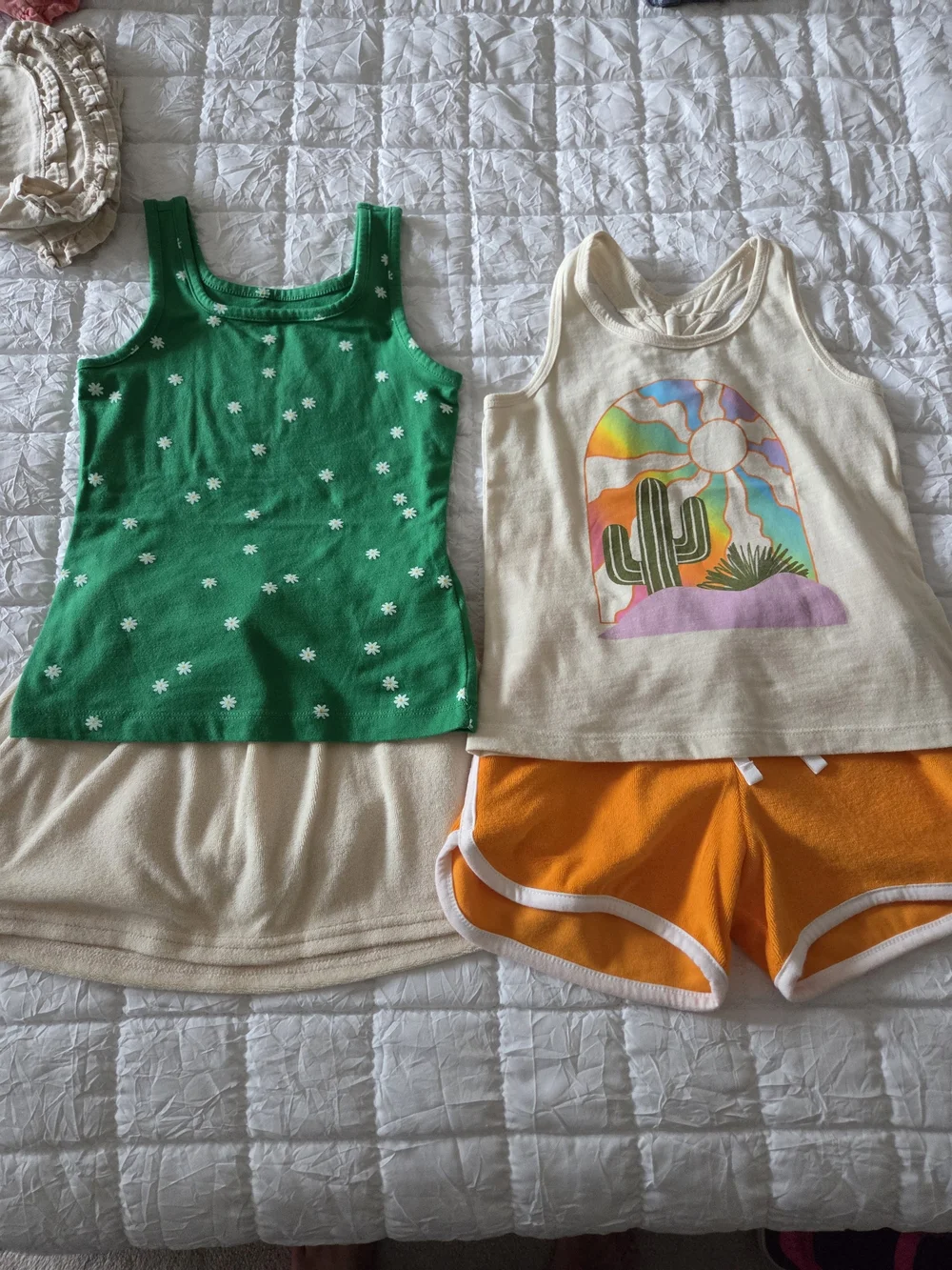 Green Daisy Tank & Cream Graphic Tank with Orange Shorts Set